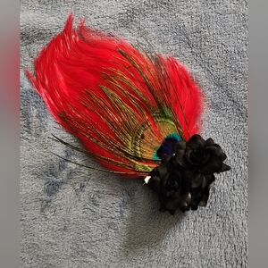 Elegant Peacock Feather & Red Plume Hair Clip with Black Fabric Roses